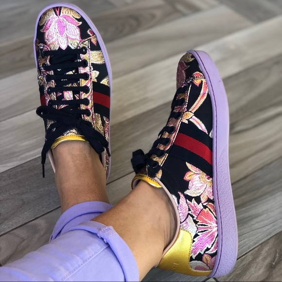 Rare GUCCI Brocade Floral Purple Sneakers Aces 6.5 - Picture 4 of 8